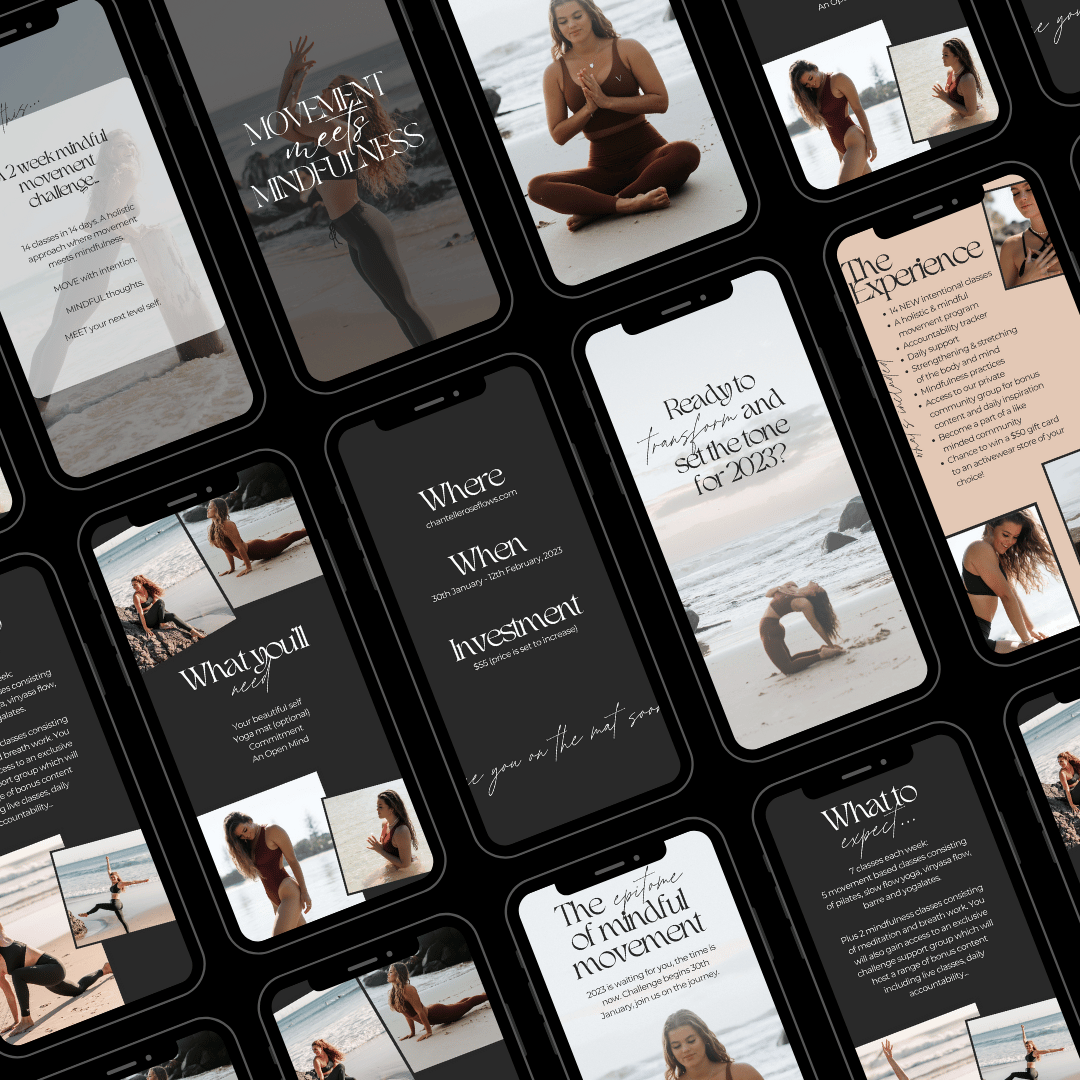 Collage of iphones with Instagram story posts in them - advertising a yoga event or workshop.
